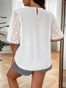 SHEIN LUNE Plus Swiss Dot Contrast Lace Blouse - White - View 3