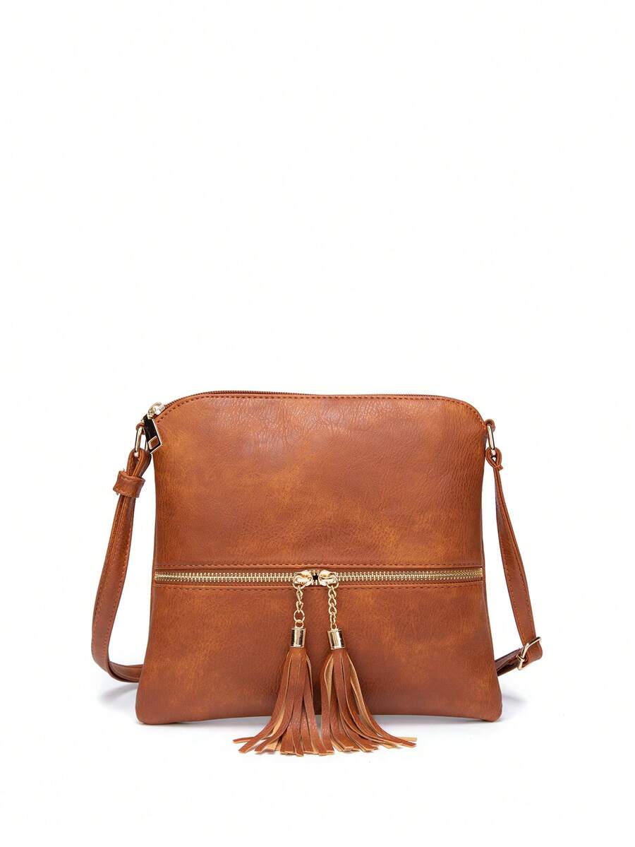 Túi Vuông Màu Nâu Tua Rua Trang Trí Dây Đeo Có Thể Điều Chỉnh - màu nâu - Xem 1