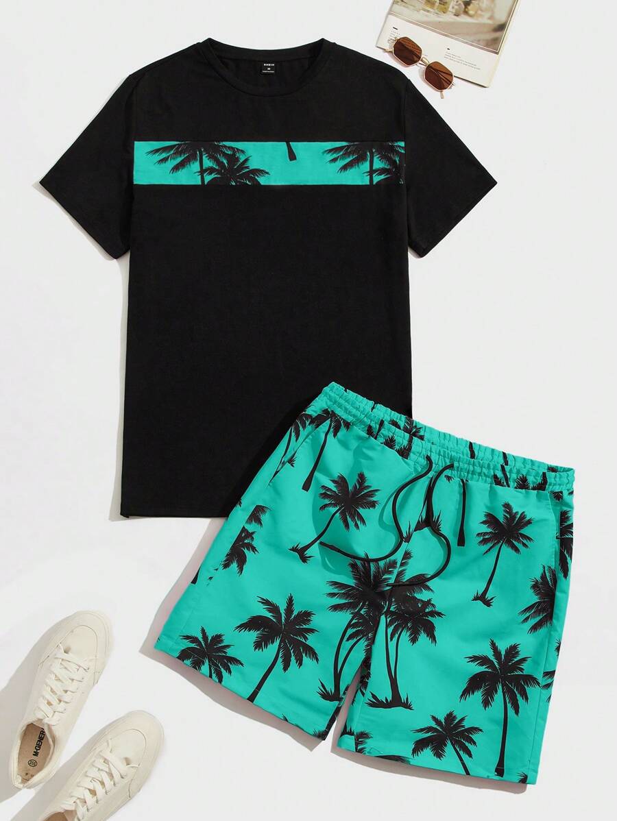Manfinity BRENVOR Men Coconut Tree Print Tee & Drawstring Waist Shorts, Cozy Outfits - Green - View 1