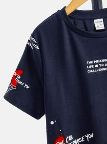 SHEIN Bộ hai mảnh Trai Dây kéo Đồ họa Slogan Giải trí - Màu xanh hải quân - Xem 4