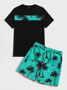 Manfinity BRENVOR Men Coconut Tree Print Tee & Drawstring Waist Shorts, Cozy Outfits - Green - View 4