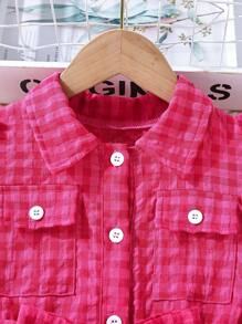 SHEIN 小女童格子圖案泡泡袖翻蓋口袋襯衫洋裝