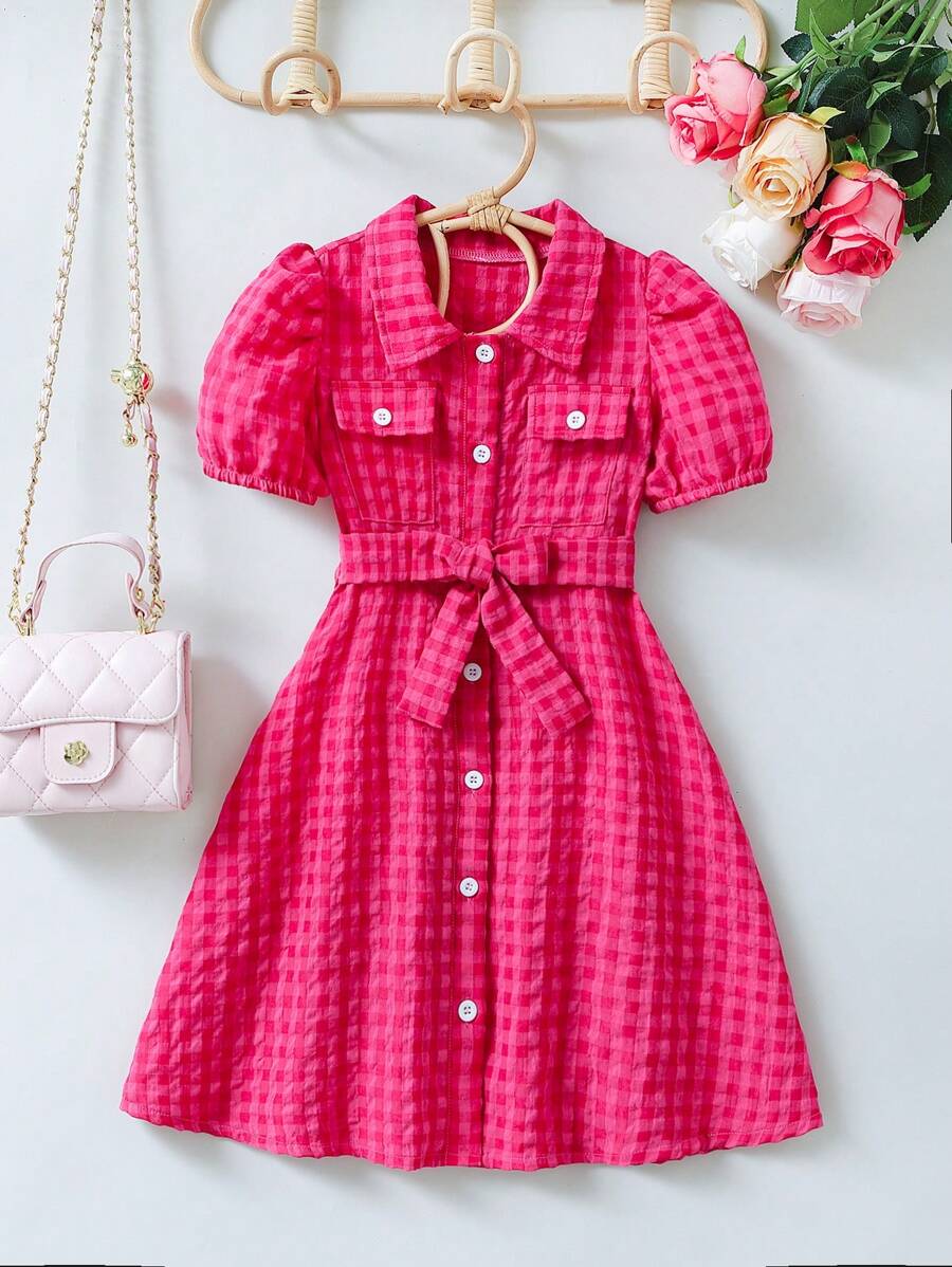 SHEIN 小女童格子圖案泡泡袖翻蓋口袋襯衫洋裝