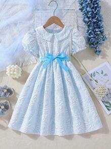 小女童提花彼得潘領泡泡袖洋裝