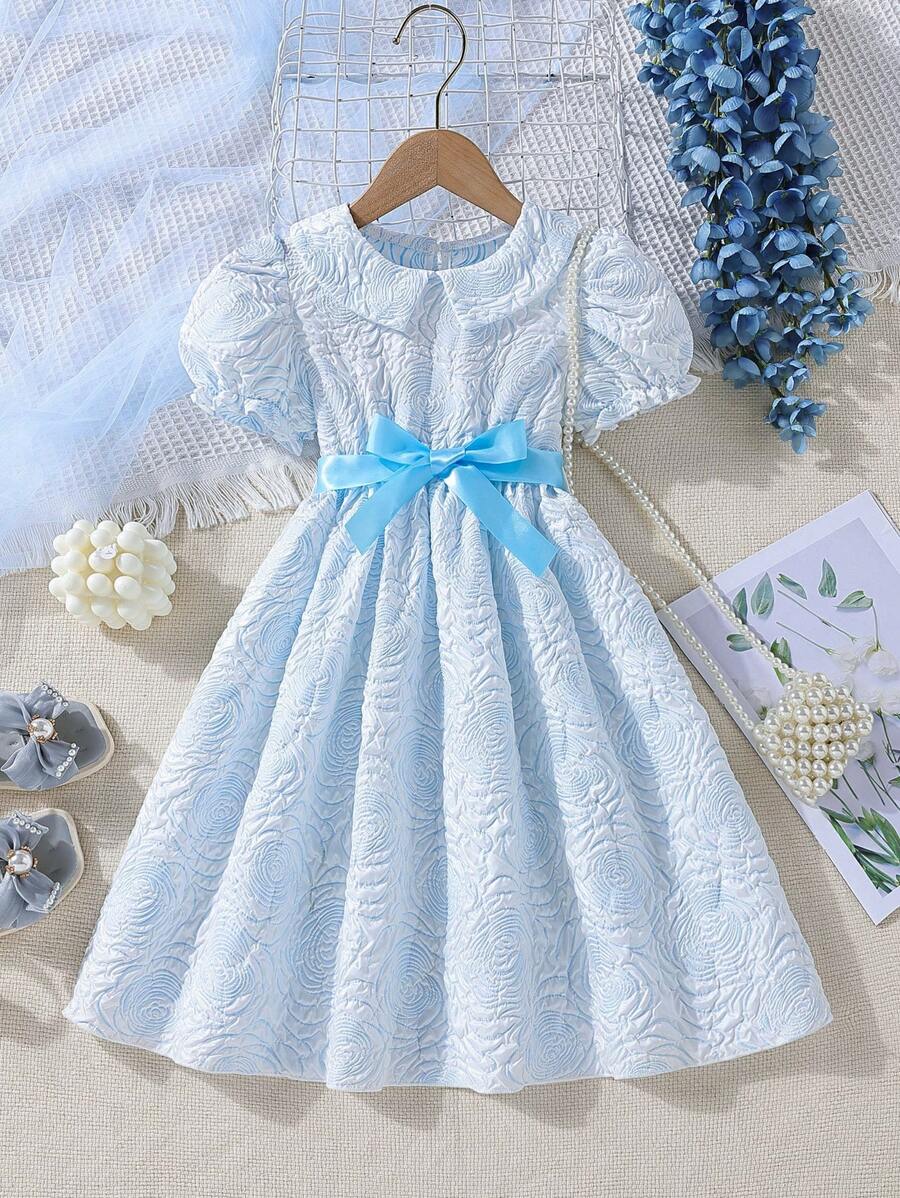 小女童提花彼得潘領泡泡袖洋裝