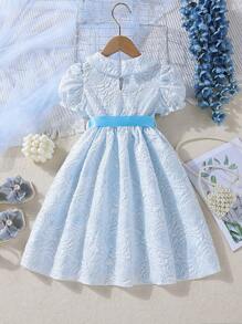 小女童提花彼得潘領泡泡袖洋裝