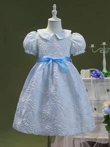 小女童提花彼得潘領泡泡袖洋裝