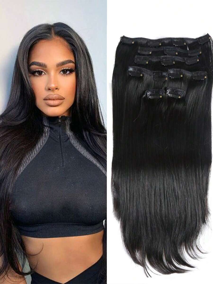 Black 24 Inch Long Straight Hair Synthetic Hair Extensions 1 Piece - Black - View 1