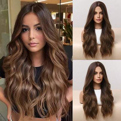 26英寸渐变棕色长卷发合成假发，女士自然棕色假发，中分，耐热合成假发（由于个人显示设备差异以及自然光和室内光线的差异，图片与实物可能存在轻微色差。）