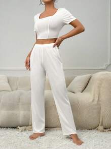 Solid Crop Tee & Trousers Lounge Set - White - View 4