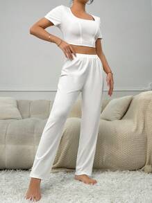 Solid Crop Tee & Trousers Lounge Set - White - View 5