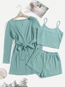 3pcs Waffle Knit Belted Lounge Set, Fall Clothes, Cozy Outfit