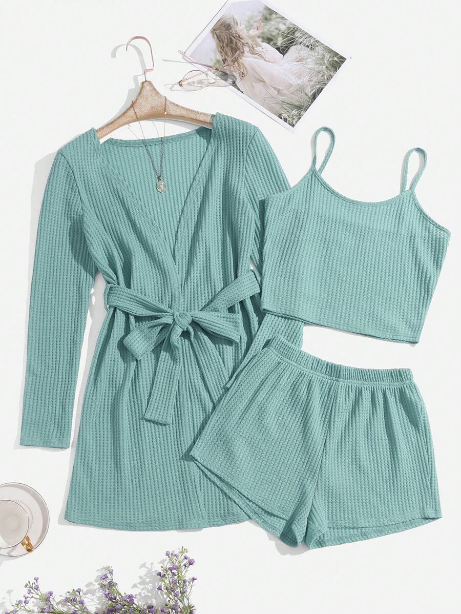 3pcs Waffle Knit Belted Lounge Set, Fall Clothes, Cozy Outfit