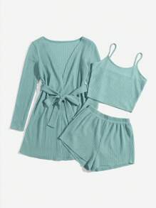 3pcs Waffle Knit Belted Lounge Set, Fall Clothes, Cozy Outfit