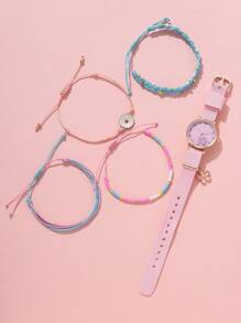 1pc Girls Canvas Strap Flower Pattern Round Dial Quartz Watch & 4pcs Flower Decor Braided Detail Bracelet For Daily Life - Pink - View 3