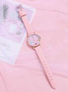 1pc Girls PU Polyurethane Strap Flower & Letter Graphic Round Dial Quartz Watch For Daily Life - Pink - View 4