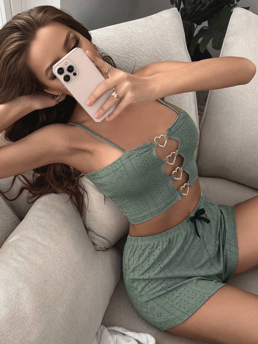 心形环扣吊带上衣和短裤睡衣套装 / 睡衣套装 - 綠色 - 查看 1