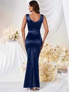 MUXXN Surplice Neck Split Thigh Satin Formal Dress Elegant Prom Evening Wedding Guest Gown, For Graduation, Dinner Party Dress - Navy Blue - View 2