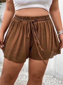 SHEIN Holidaya Plus Solid Belted Wide Leg Shorts - Brown - View 1