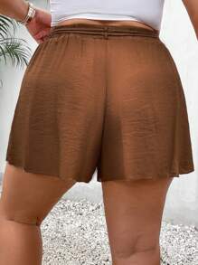 SHEIN Holidaya Plus Solid Belted Wide Leg Shorts - Brown - View 2
