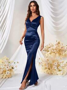 MUXXN Surplice Neck Split Thigh Satin Formal Dress Elegant Prom Evening Wedding Guest Gown, For Graduation, Dinner Party Dress - Navy Blue - View 4