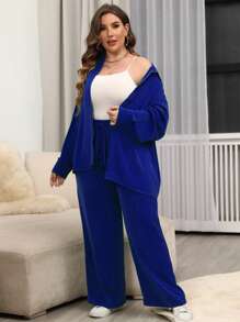 大碼落肩袖襯衫和腰部抽繩闊腿褲 - 寶藍色 - 查看 1