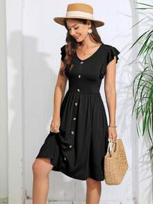 荷葉邊前紐扣洋裝 - 黑色 - 查看 4