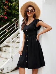 荷葉邊前紐扣洋裝 - 黑色 - 查看 5