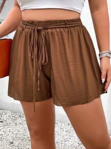 SHEIN Holidaya Plus Solid Belted Wide Leg Shorts - Brown - View 4