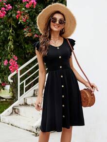 荷葉邊前紐扣洋裝 - 黑色 - 查看 6