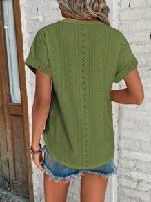 SHEIN LUNE 網眼刺繡蝙蝠袖T恤 - 橄欖綠 - 查看 2