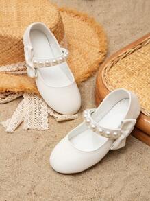 學院瑪麗珍平底鞋適用於女孩蝴蝶結和人造珍珠裝飾戶外平底鞋