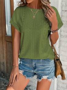SHEIN LUNE 網眼刺繡蝙蝠袖T恤 - 橄欖綠 - 查看 4