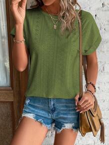 SHEIN LUNE 網眼刺繡蝙蝠袖T恤 - 橄欖綠 - 查看 5