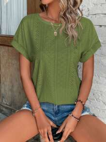 SHEIN LUNE 網眼刺繡蝙蝠袖T恤 - 橄欖綠 - 查看 6