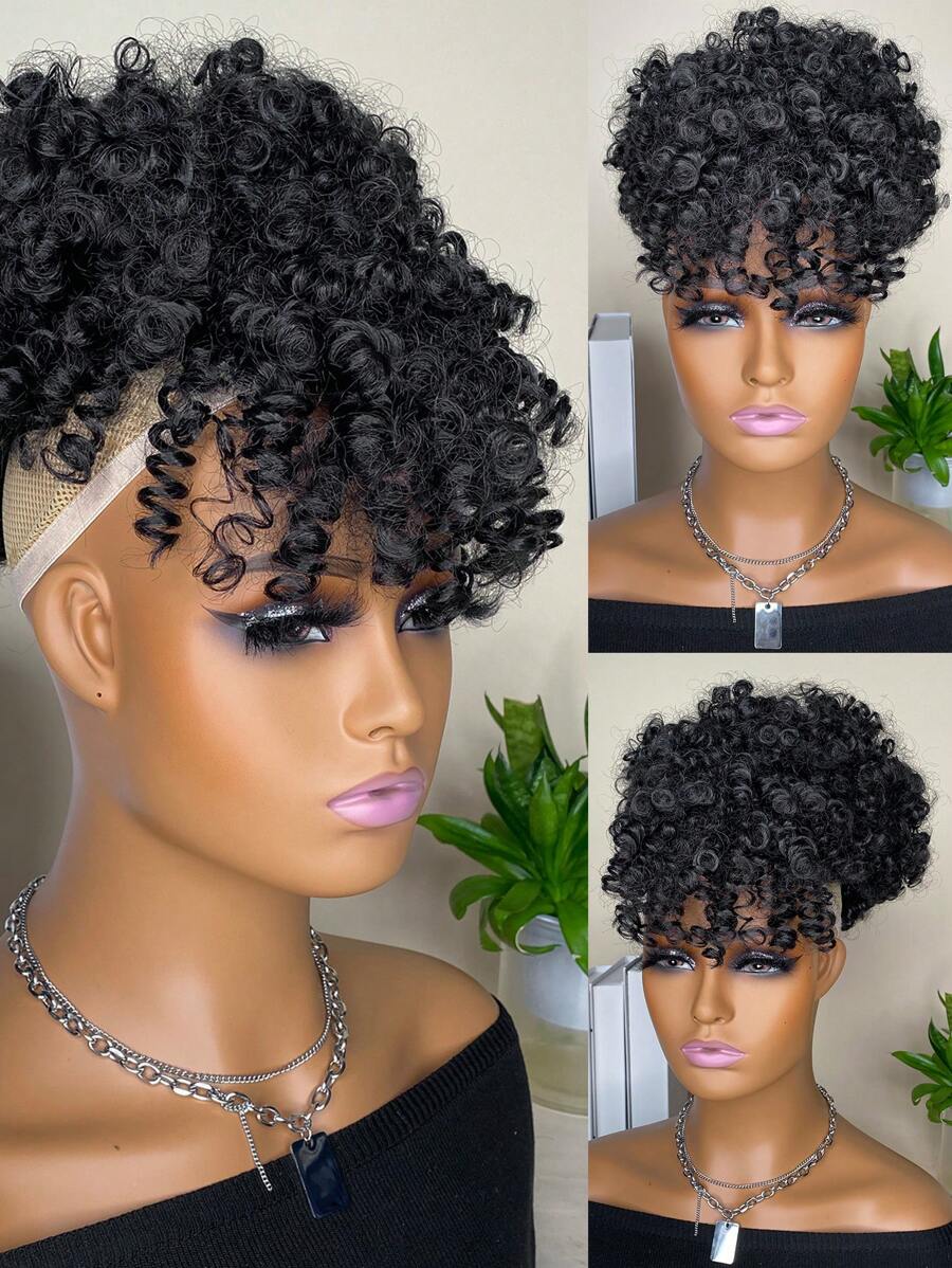 合成耐熱假髮女式短捲曲蓬鬆抽繩馬尾辮帶劉海黑色6英寸菠蘿高髻頭髮 - 黑色 - 查看 1