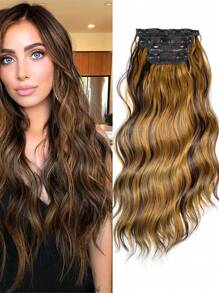 4 Peças Sintético Resistente Ao Calor Perucas Natural Aceno Misturado Loiro 22 Polegadas Sintético Clip Aplique De Cabelo Para Mulheres - Cor do Piano - Ver 1