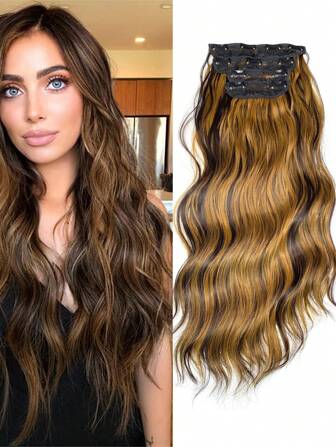 4PCS Synthetic Heat Resistant Wigs Natural Wave Mixed Blonde 22 inch Synthetic Clip in Hair Extensions For Women