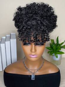 合成耐熱假髮女式短捲曲蓬鬆抽繩馬尾辮帶劉海黑色6英寸菠蘿高髻頭髮 - 黑色 - 查看 7