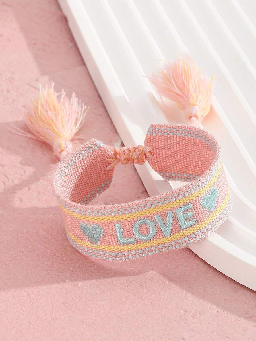 1pc Sweet Pink Polyester Cartoon Colorful Woven Heart Print Tassel Wristband Children Bracelet For Daily - Pink - View 1