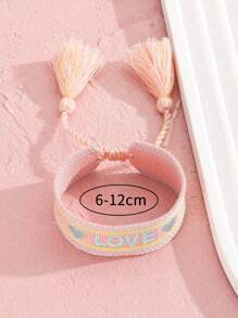 1pc Sweet Pink Polyester Cartoon Colorful Woven Heart Print Tassel Wristband Children Bracelet For Daily - Pink - View 3