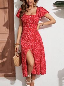 SHEIN Frenchy Women Ruffle Sleeve Teacher Dress,Derby Dress, Print Button Front Butterfly Sleeve Dress,Single-Breasted Square Neck Brunch Dress,Turn-Down Collar Waisted A-Line Women Dresses,Holiday Style Summer Women Dresses,Florals Print Dress Christmas New Year Thanks Giving Red Casual - Red - View 1