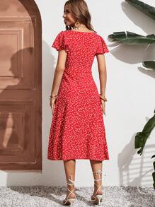 SHEIN Frenchy Women Ruffle Sleeve Teacher Dress,Derby Dress, Print Button Front Butterfly Sleeve Dress,Single-Breasted Square Neck Brunch Dress,Turn-Down Collar Waisted A-Line Women Dresses,Holiday Style Summer Women Dresses,Florals Print Dress Christmas New Year Thanks Giving Red Casual - Red - View 2