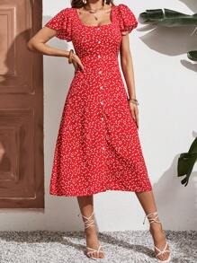 SHEIN Frenchy Women Ruffle Sleeve Teacher Dress,Derby Dress, Print Button Front Butterfly Sleeve Dress,Single-Breasted Square Neck Brunch Dress,Turn-Down Collar Waisted A-Line Women Dresses,Holiday Style Summer Women Dresses,Florals Print Dress Christmas New Year Thanks Giving Red Casual - Red - View 3