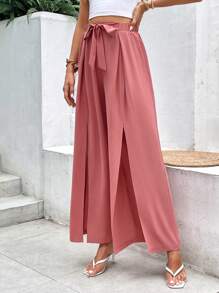 SHEIN Frenchy 高衩腰帶闊腿褲 - 藕粉色 - 查看 5