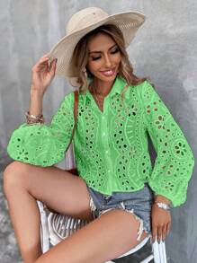 SHEIN VCAY 鏤空網眼刺繡前紐扣襯衫 - 綠色 - 查看 1