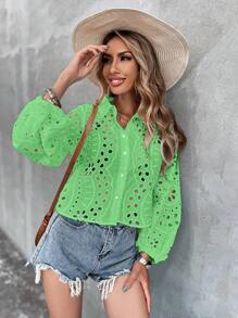 SHEIN VCAY 鏤空網眼刺繡前紐扣襯衫 - 綠色 - 查看 4