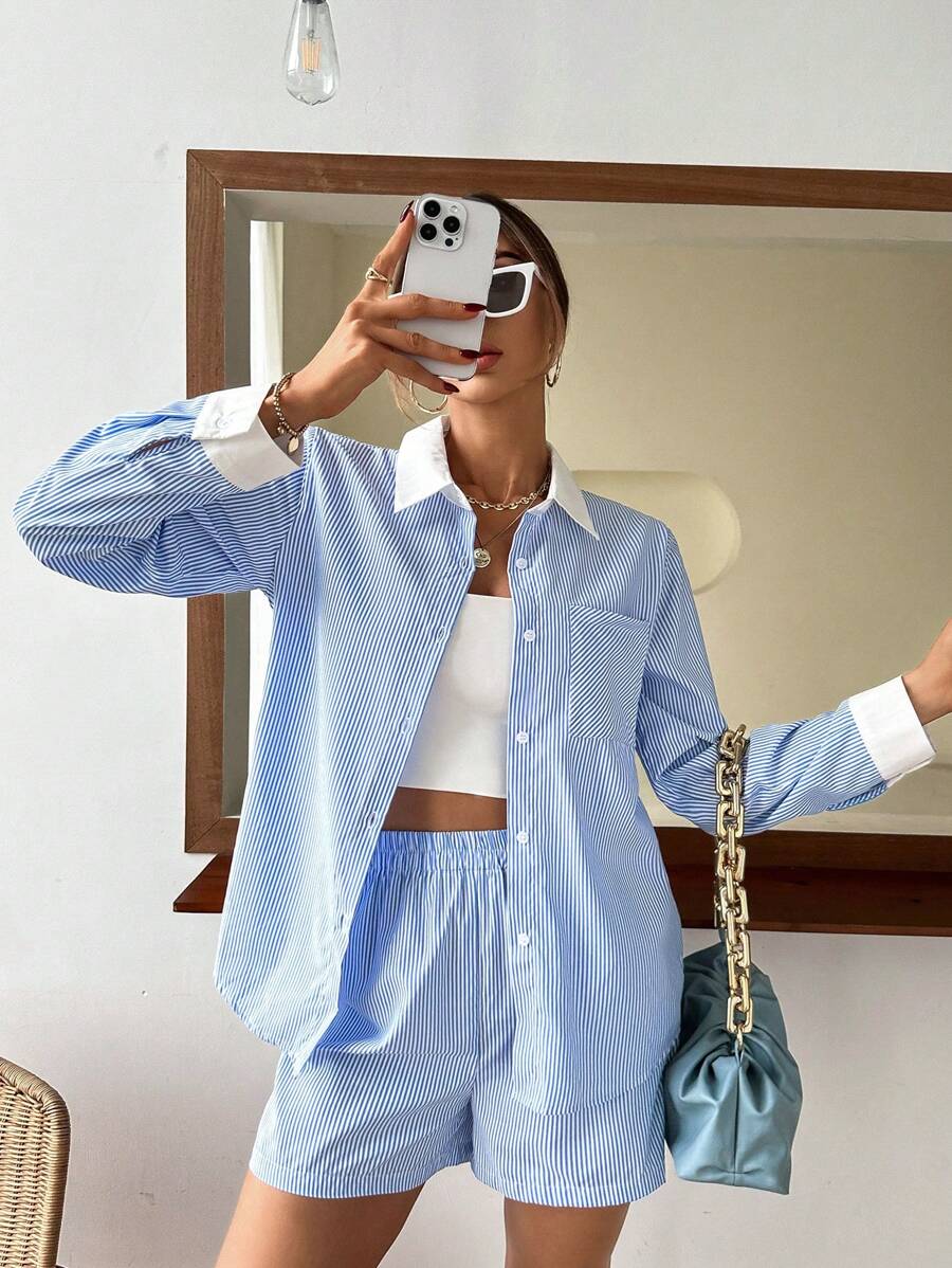 GENKIRA Bộ đồ hai mảnh nữ Túi Nút phía trước Sọc Giải trí - Xanh và trắng - Xem 1