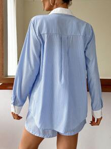 GENKIRA Bộ đồ hai mảnh nữ Túi Nút phía trước Sọc Giải trí - Xanh và trắng - Xem 2