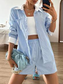 GENKIRA Bộ đồ hai mảnh nữ Túi Nút phía trước Sọc Giải trí - Xanh và trắng - Xem 3
